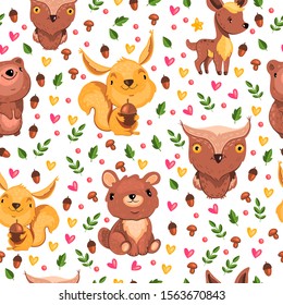 Seamless pattern with cute owl, bear, deer and squirrel with acorn. Forest background for tapestry, linen, apparel, wrapping paper. Funny nursery illustration isolated on white.