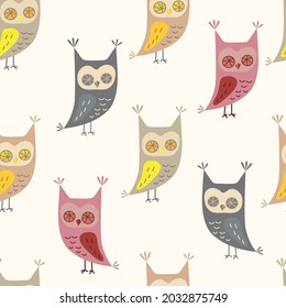 Seamless pattern with cute owl in cartoon style. Owl character vector illustration for print design for t-shirts, posters, card, banner, room design, background