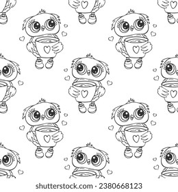 Seamless pattern, cute owl character, owl chick. Outline drawing, sketch. Black and white print, background, textile. Vector