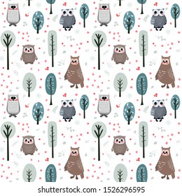 Seamless pattern with cute owl and different elements. Vector illustration in scandinavian style.