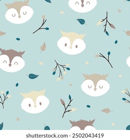 Seamless pattern with cute owl and foliage on green background. Used for fabric, textile, wallpaper, wrapping. Vector illustration