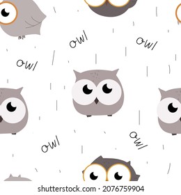 Seamless pattern with cute owl and hand-drawn text