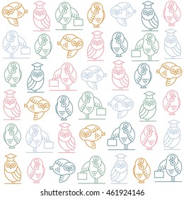 Seamless pattern with cute owl icon - symbol of wisdom in pastel colors. Education,study or business wallpaper. Vector illustration