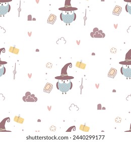 Seamless pattern with cute owl, magic book, magic wand, witch hat and gift. Funny flat owls. Vector illustration. Mgic and halloween background