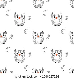 Seamless pattern with cute owl and moon. Black and white graphic vector illustration in cartoon style for kids, textile