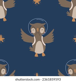 seamless pattern with cute owl in outer space. Vector illustration for your design