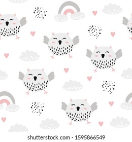 Seamless pattern with cute owl and rainbow. Creative woodland childish texture. Great for fabric, textile Vector Illustration
