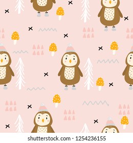 Seamless pattern with cute owl in Scandinavian style. Ideal for printing on fabric, children's clothing. Hand-drawn.