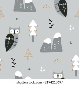 Seamless pattern with cute owl in scandinavian style. Vector illustration for your design.