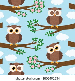 Seamless pattern Cute owl sitting on a tree branch leaves flowers 
sky clouds vector illustration