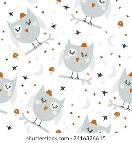 Seamless pattern  with cute owl. Vector illustrations