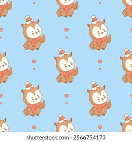 Seamless pattern. Cute owl in winter knitted clothes hat and scarf on blue background. Adorable cartoon kawaii character backdrop. Vector illustration. Kids collection