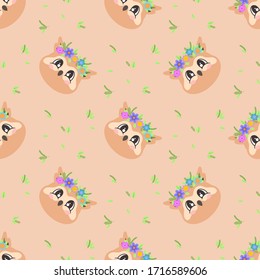 Nahtloses Muster mit einer süßen Eule mit Blumenkränzen im Cartoon-Stil. Vektorillustration