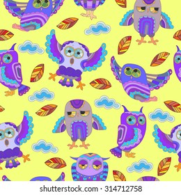  	 Seamless pattern with cute owls, autumn leaves and clouds on a yellow background