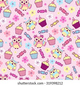 Seamless pattern with cute owls, cakes and chocolates on a pink background