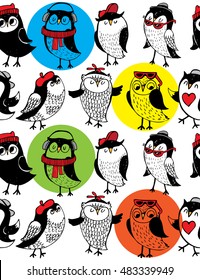 seamless pattern with cute owls. Characters. Sketch. Vector illustration