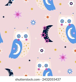 Seamless pattern with cute owls. Childish owls, moon, stars, flowers on pink  background. Ideal for fabrics, textiles, apparel, wallpaper.