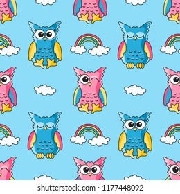 seamless pattern with cute owls and clouds