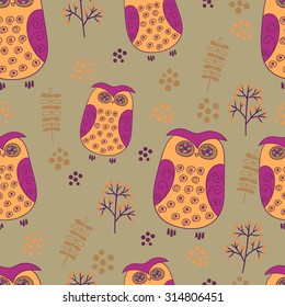 Seamless pattern with cute owls. Colorful vector background. 