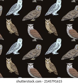 Seamless pattern with cute owls for design and textile. 