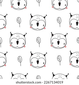 Seamless pattern with cute owls. Doodle style vector illustration isolated on white background for your design