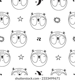 Seamless pattern with cute owls in doodle style. Vector illustration for the design of textiles and children's room