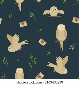 Seamless pattern with cute owls and envelopes. Texture for textile, wrapping paper, decorations, greeting cards
