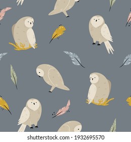 Seamless pattern with cute owls and feathers. Vector illustration for greeting cards, wrapping paper, textile