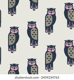 Seamless pattern with cute owls. Flat cartoon style childish blue and beige background with forest night birds. Endless baby texture for wallpaper, textile and prints.