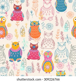 Seamless pattern with cute owls and flowers. Seamless Stylish graphic design, colorful doodle illustration, Vector