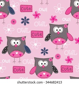 Seamless pattern with cute owls, flowers and lettering