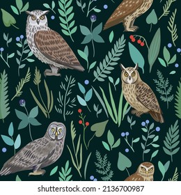 Seamless pattern with cute owls and forest plants and berries for design and textile. 