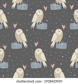 Seamless pattern with cute owls and gift boxes. Vector illustration for greeting cards, wrapping paper, textile