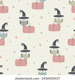 Seamless pattern with cute owls and gift box. Cartoon animal background. Vector illustration for greeting cards, wrapping paper, textile, wallpaper, fabric