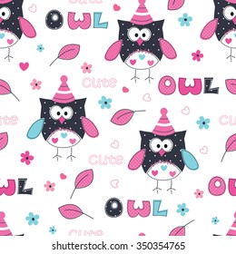 Seamless pattern with cute owls, lettering and floral elements