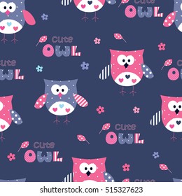 Seamless pattern with cute owls, lettering and floral elements.Cartoon vector illustration. 