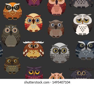 Seamless pattern with cute owls on a dark background