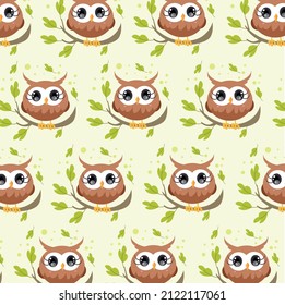 Seamless pattern with cute owls on a bright background