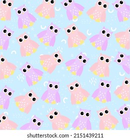 
Seamless pattern with cute owls, on a blue background. Good for wrapping, textile, fabric. Vector illustration