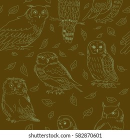 Seamless pattern of a cute owls on a green background