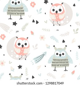 Seamless pattern with cute owls with plants, flowers and stars in pastel colors. Vector illustration for children.