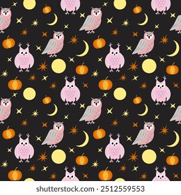 Seamless pattern with cute owls, pumpkins, stars, moon. Vector illustration. Halloween style.