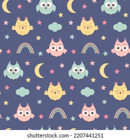 Seamless pattern with cute owls, rainbow, cloud and stars. Scandinavian boho print.