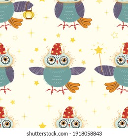 Seamless pattern with cute owls in sleeping caps: juggling stars, holding a lantern and a magic wand