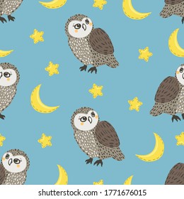 Seamless pattern with cute owls, stars and moon. Vector night background. Baby print.	