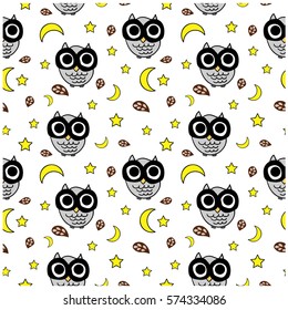 seamless pattern of cute owls and stars