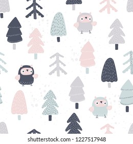 Seamless pattern with cute owls and trees in cartoon style on a white background. Vector illustration.