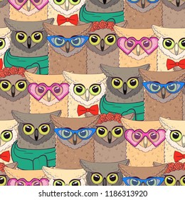 Seamless pattern with cute owls with trendy accessories - glasses, bow-tie, flowers, scarf. Print for fabric, t-shirt, poster. Vector illustration
