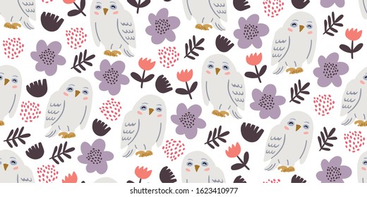 Seamless pattern with cute owls with tulips and other flowers. Cute owl design. Perfect for kids textile graphic tees, fabric, textile, posters, stickers. Kids animal pattern in doodle cartoon style