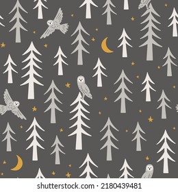 Seamless pattern with cute owls in the wood. Hand drawn scandi background with wild animals in the forest. Endless kids texture for wallpaper, textile and prints. Vector woodland illustration